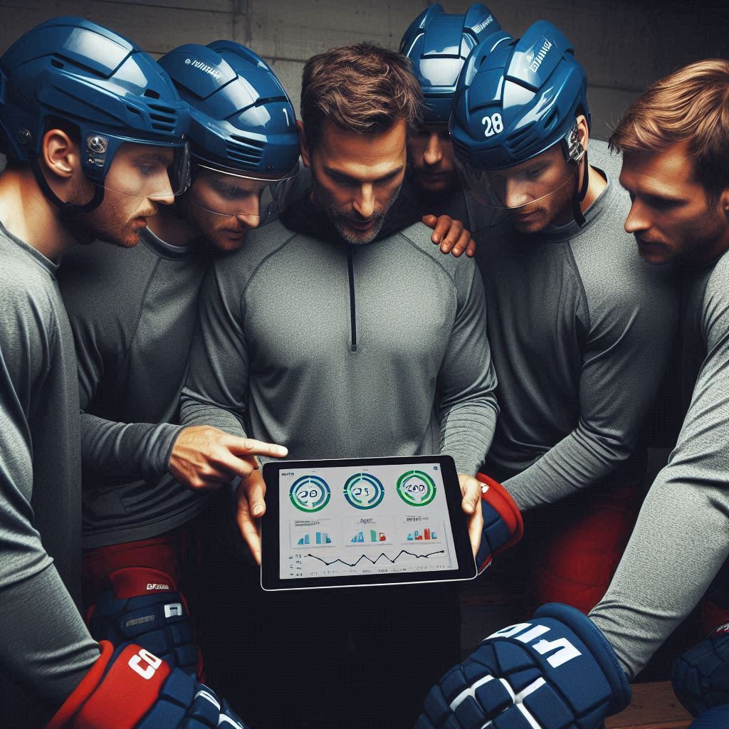 A huddle of hockey players with their coach in athletic wear holding an iPad with a data interface dashboard A huddle of hockey players with their coach in athletic wear holding an iPad with a data interface dashboard